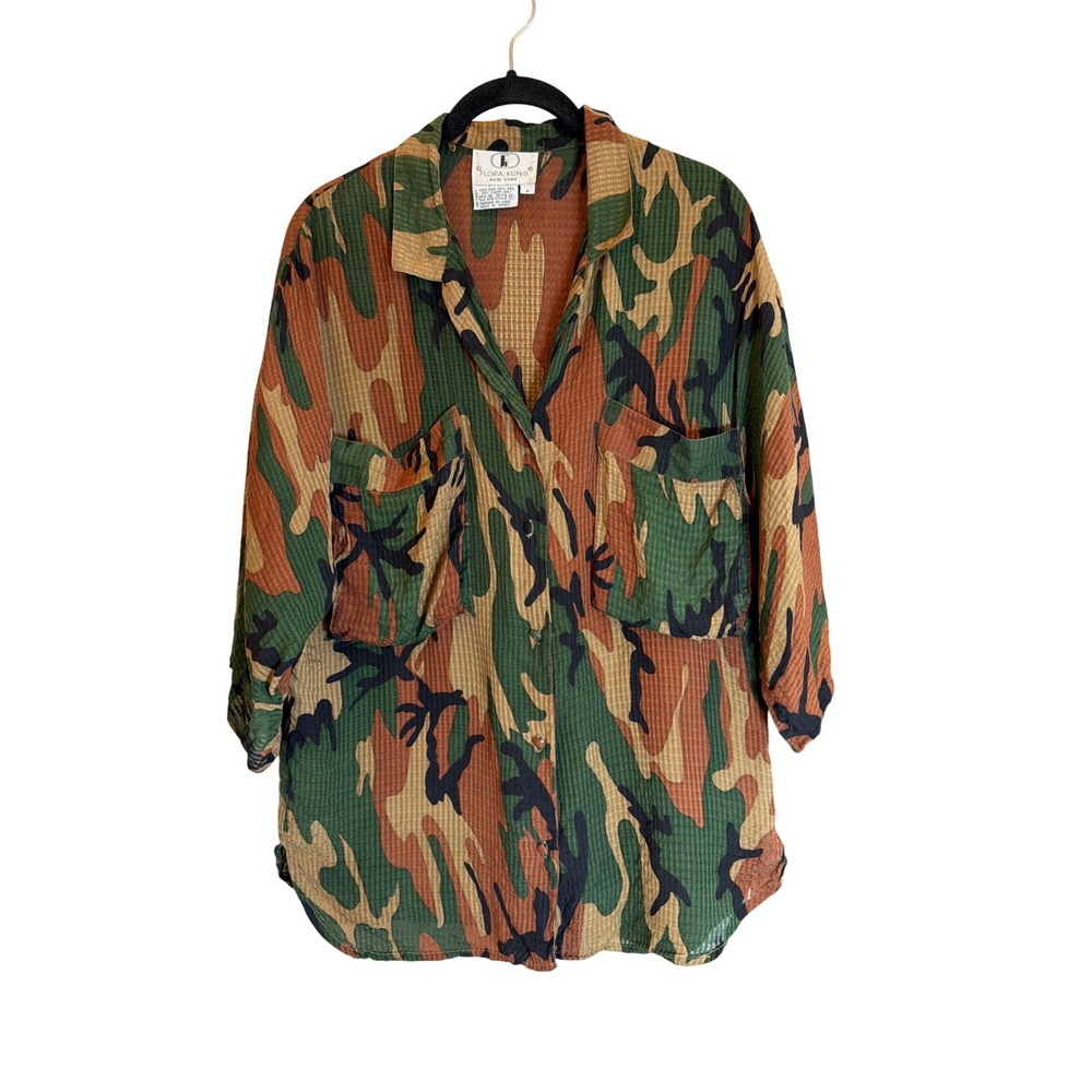 Vintage Flora Kung 100% Silk Camouflage Button Down Blouse Shirt Green Brown 8